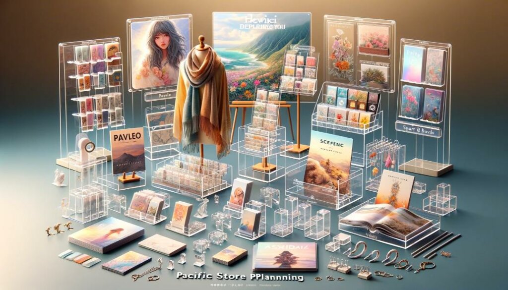 A collection of various acrylic displays from Pacific Store Planning, ideal for Hawaii retail businesses. The image showcases a countertop display wit