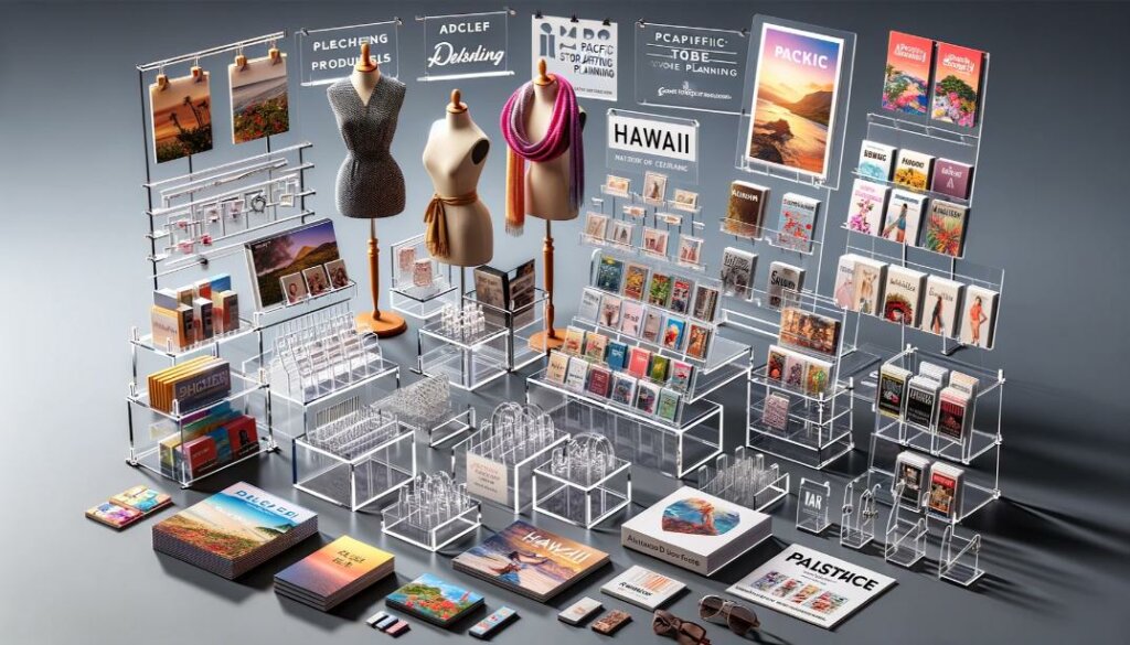 acrylic store display hawaii -A collection of various acrylic displays from Pacific Store Planning, ideal for Hawaii retail businesses. The image showcases a countertop display wit